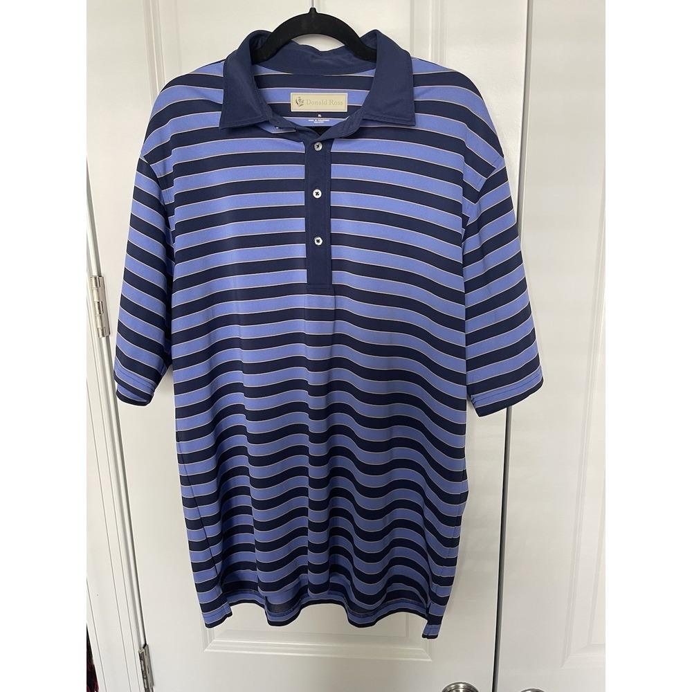 Donald Ross Mens XL‎ Blue Navy Yellow Striped Short Sleeve Golf Polo Shirt